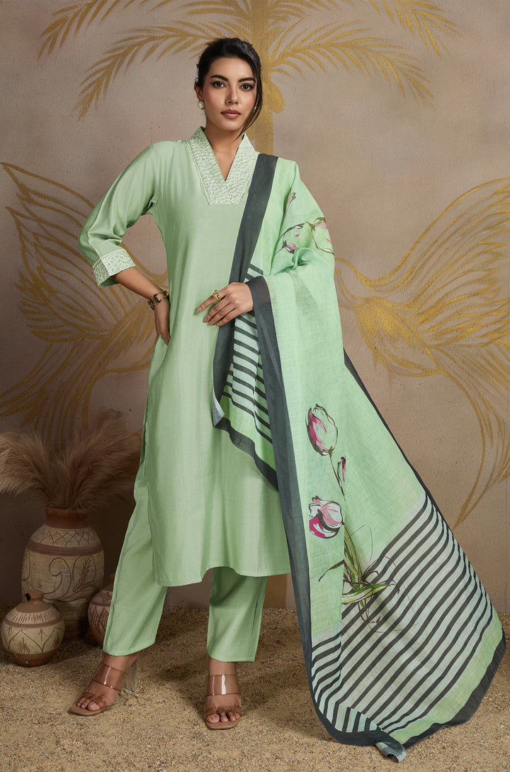 Mint Garden Roman Silk Women Suit Set with Linen Digital Print Dupatta