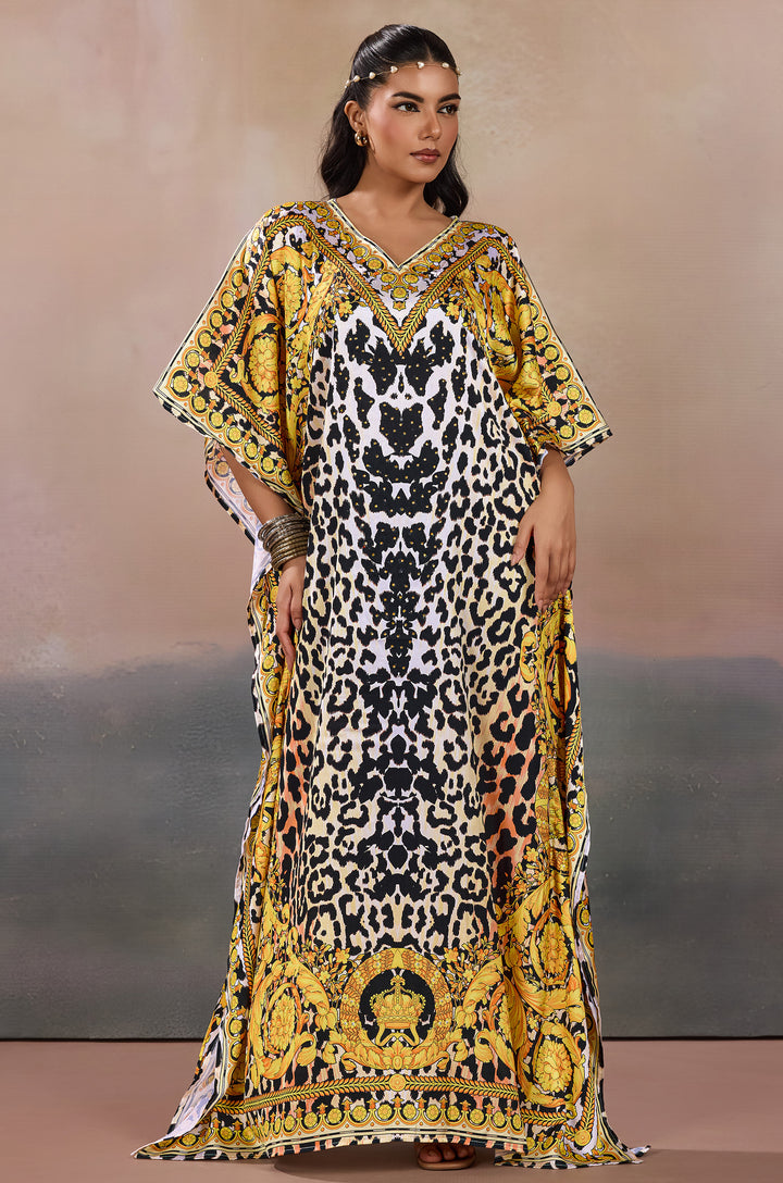 Golden Grace Soft Satin Women Kaftan Dress with Rhinestone | Digital Print