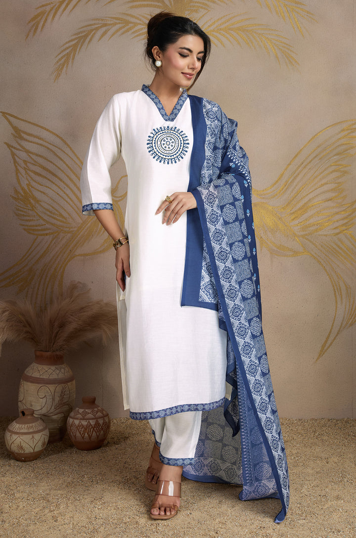 Arctic Blue Roman Silk Women Suit Set with Ajrakh Printed Dupatta