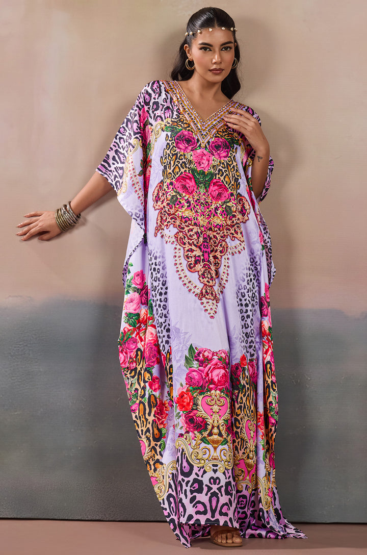 Rose Tapestry Soft Satin Women Kaftan Dress with Rhinestone | Digital Print