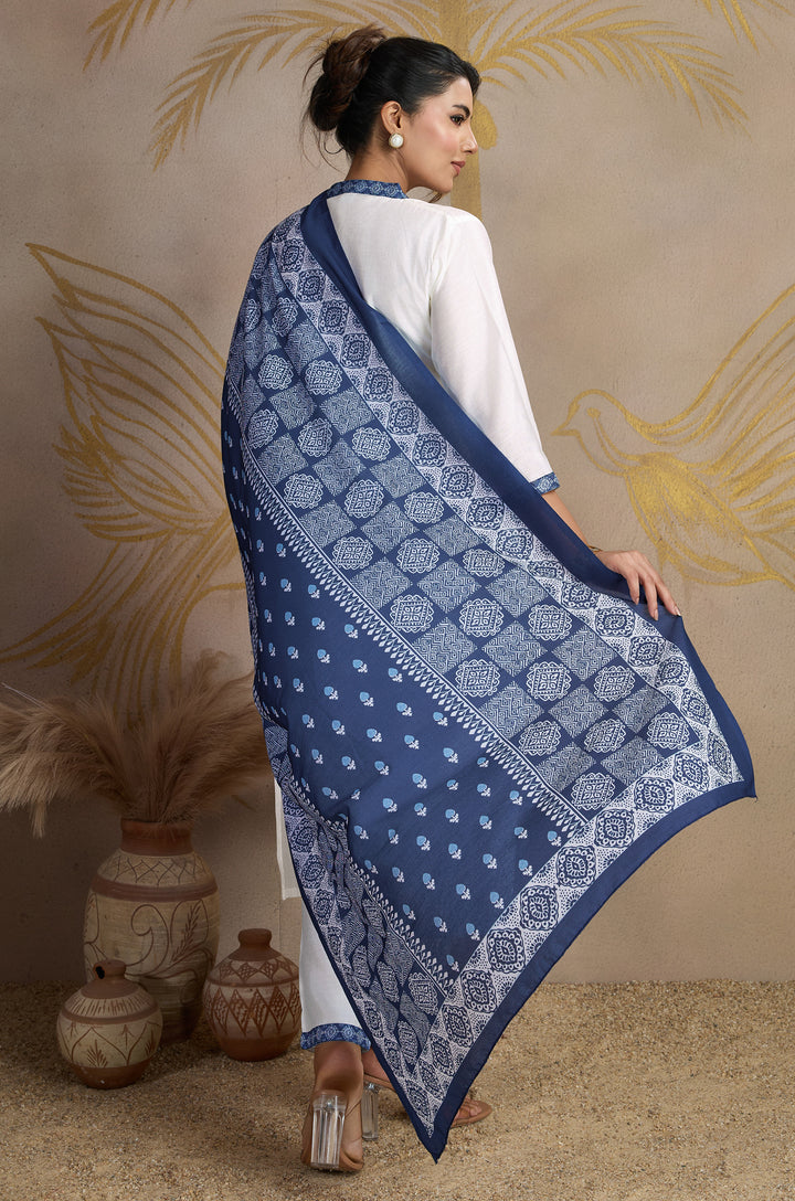 Arctic Blue Roman Silk Women Suit Set with Ajrakh Printed Dupatta