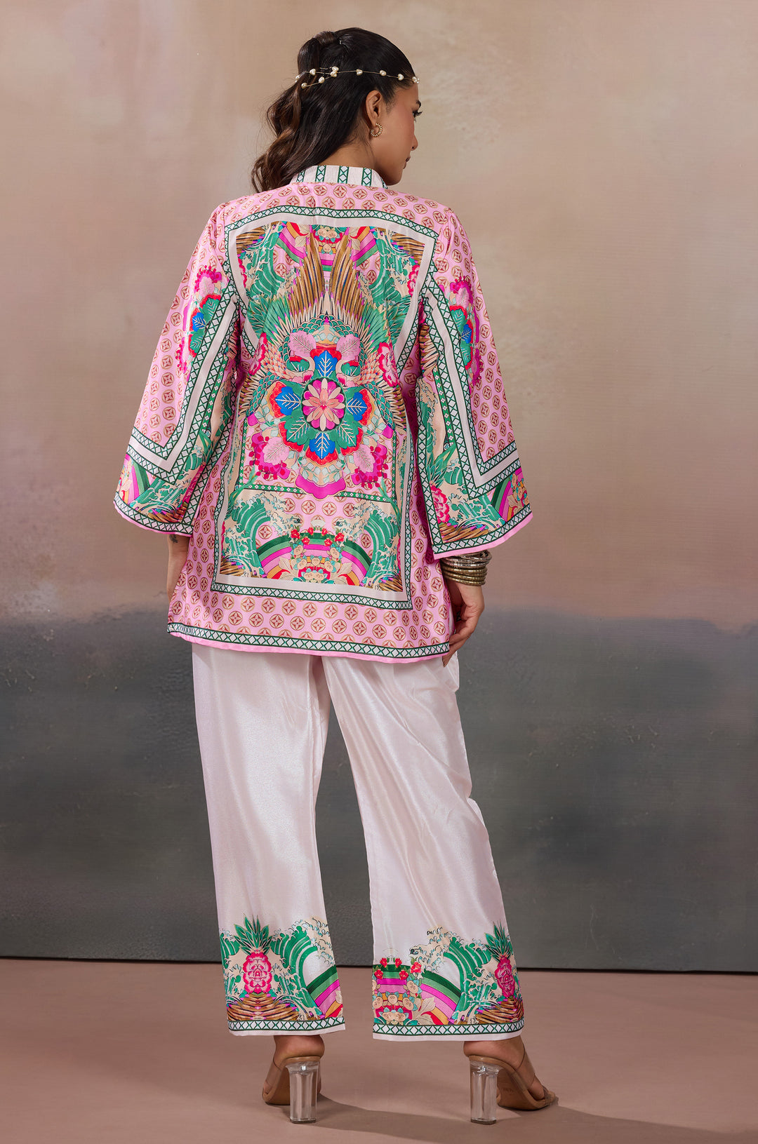 Blush Prism Silk Crepe Women Co-ord Set with Digital Print | Top and Bottom