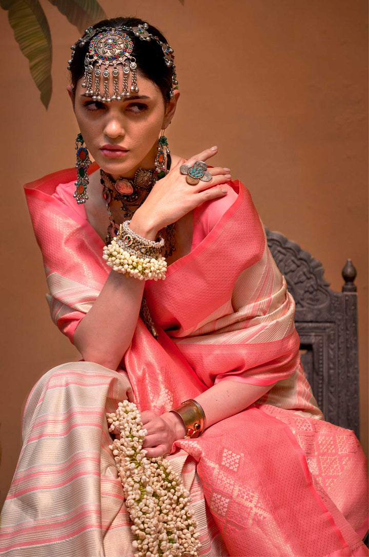 Peach Bare Essence Woven Silk Saree