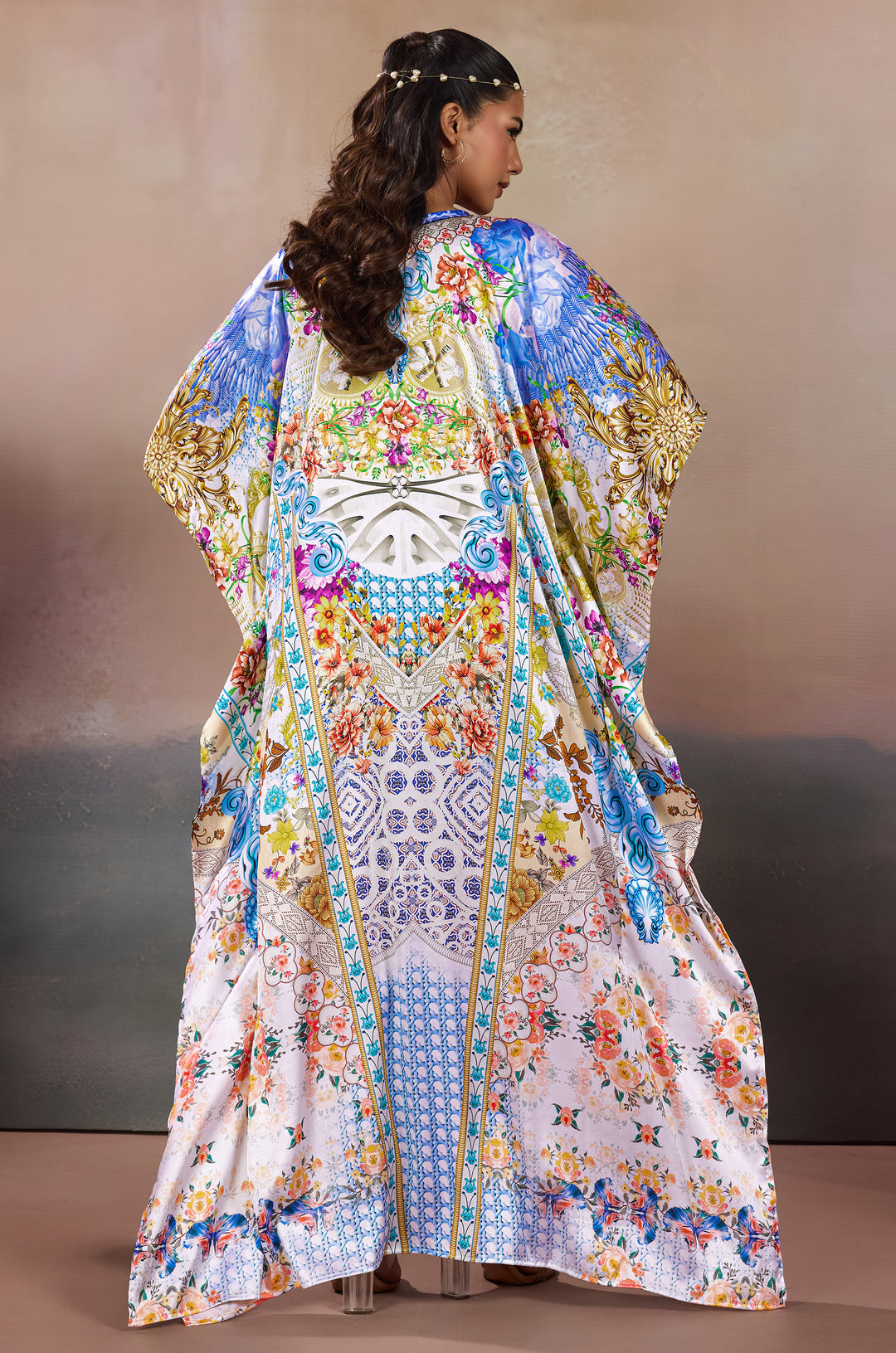 Mediterranean Fantasy Soft Satin Women Kaftan Dress with Rhinestone | Digital Print