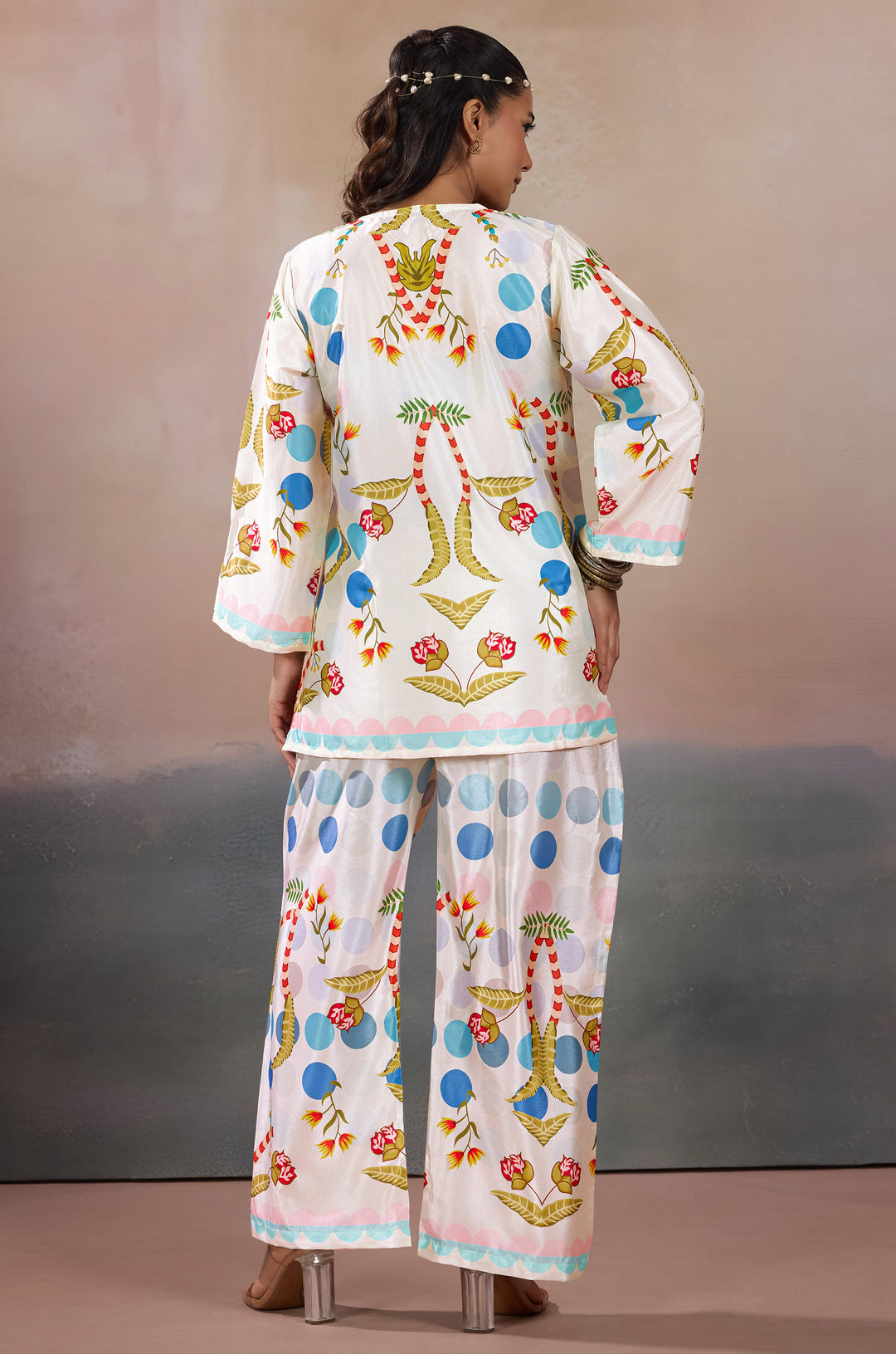 Pearl Dewdrop Silk Crepe Women Co-ord Set with Digital Print | Top and Bottom