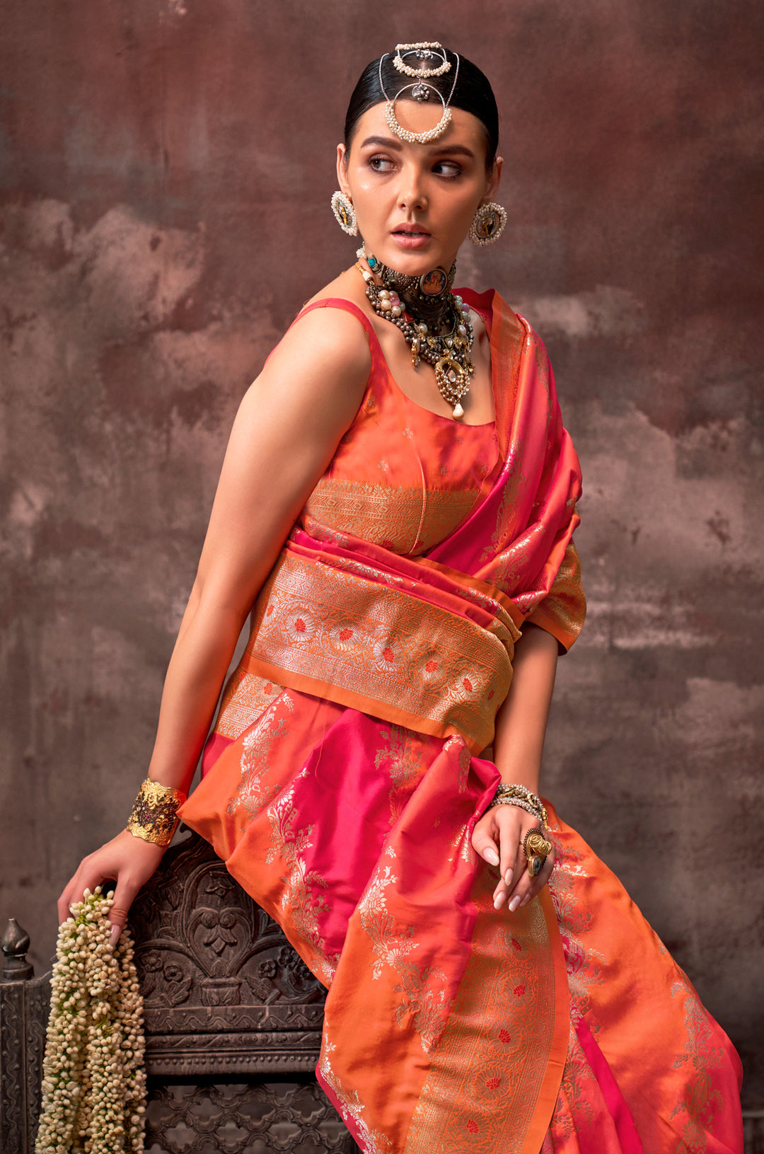 Orange Chromatic Woven Silk Saree
