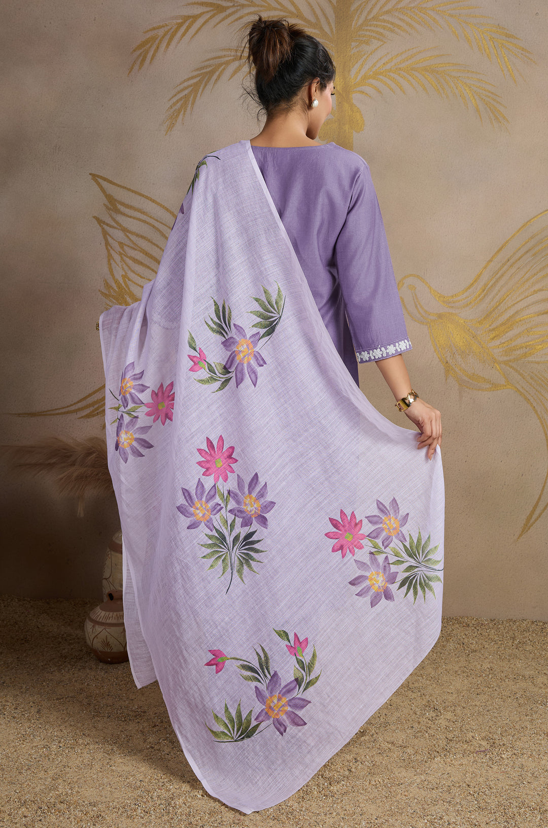 Timeless Lavender Viscose Silk Women Suit Set with Linen Brush Print Dupatta