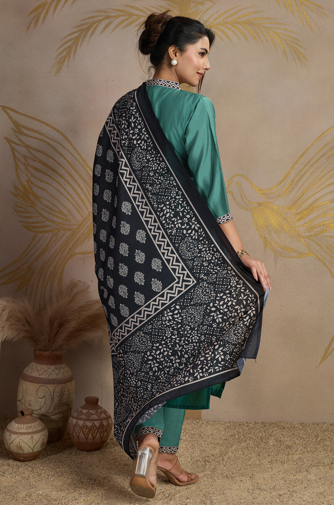Classic Olive Roman Silk Women Suit Set with Ajrakh Printed Dupatta