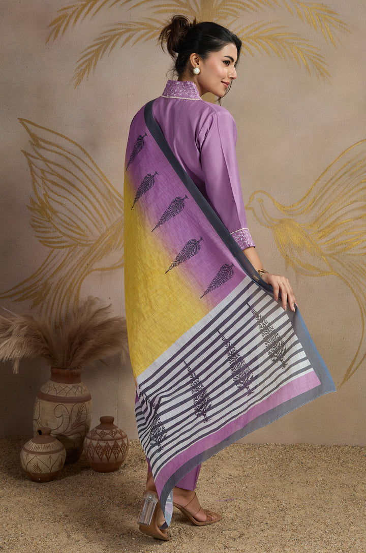 Lilac Dawn Roman Silk Women Suit Set with Linen Digital Print Dupatta