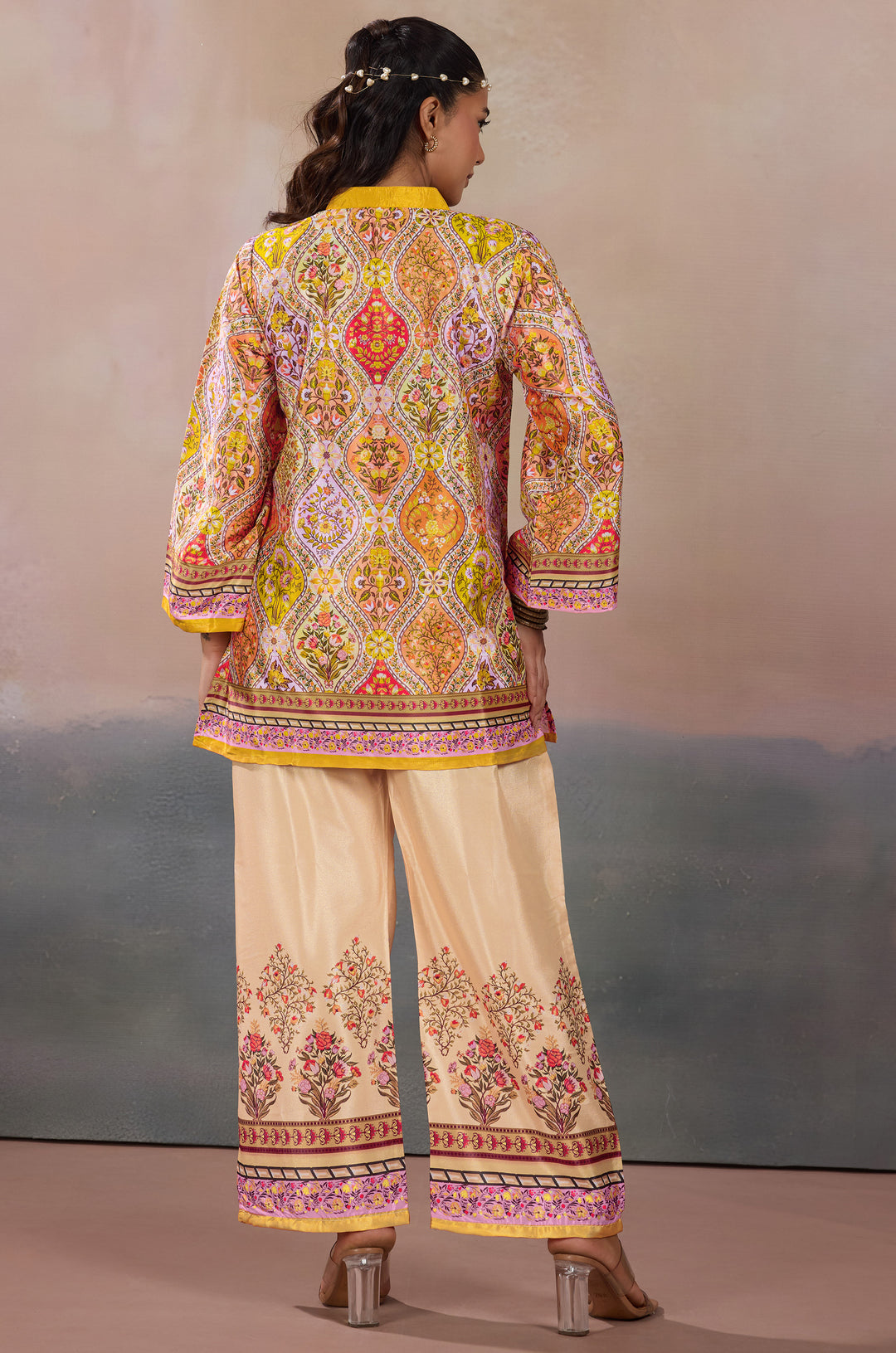Golden Heritage Silk Crepe Women Co-ord Set with Digital Print | Top and Bottom
