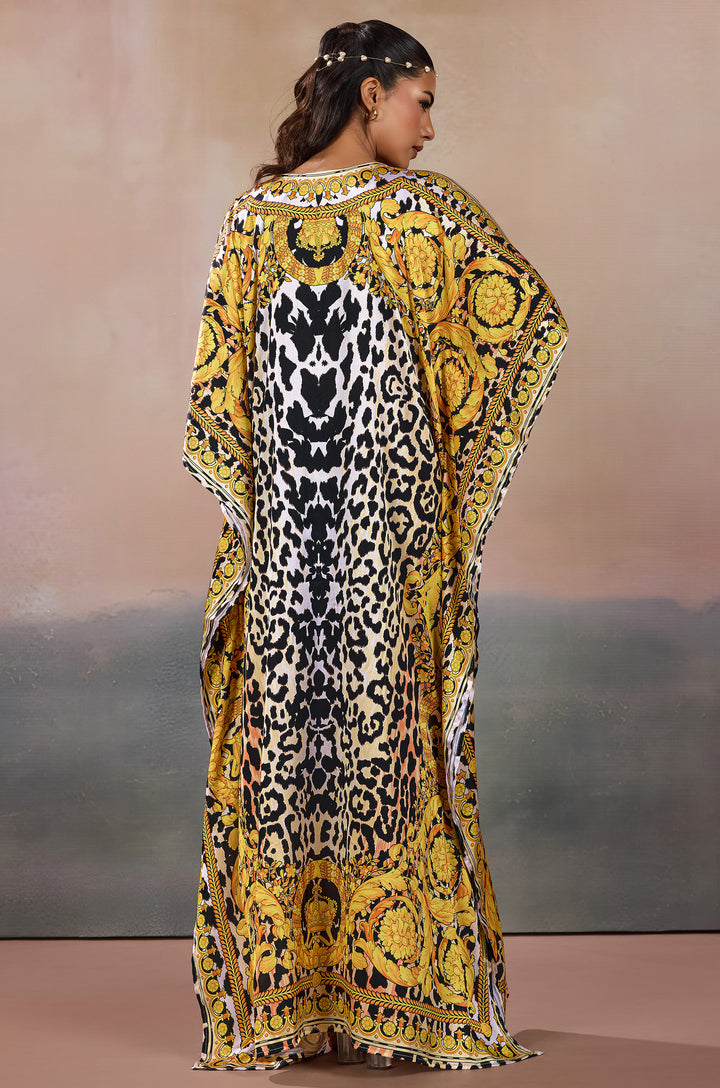 Golden Grace Soft Satin Women Kaftan Dress with Rhinestone | Digital Print