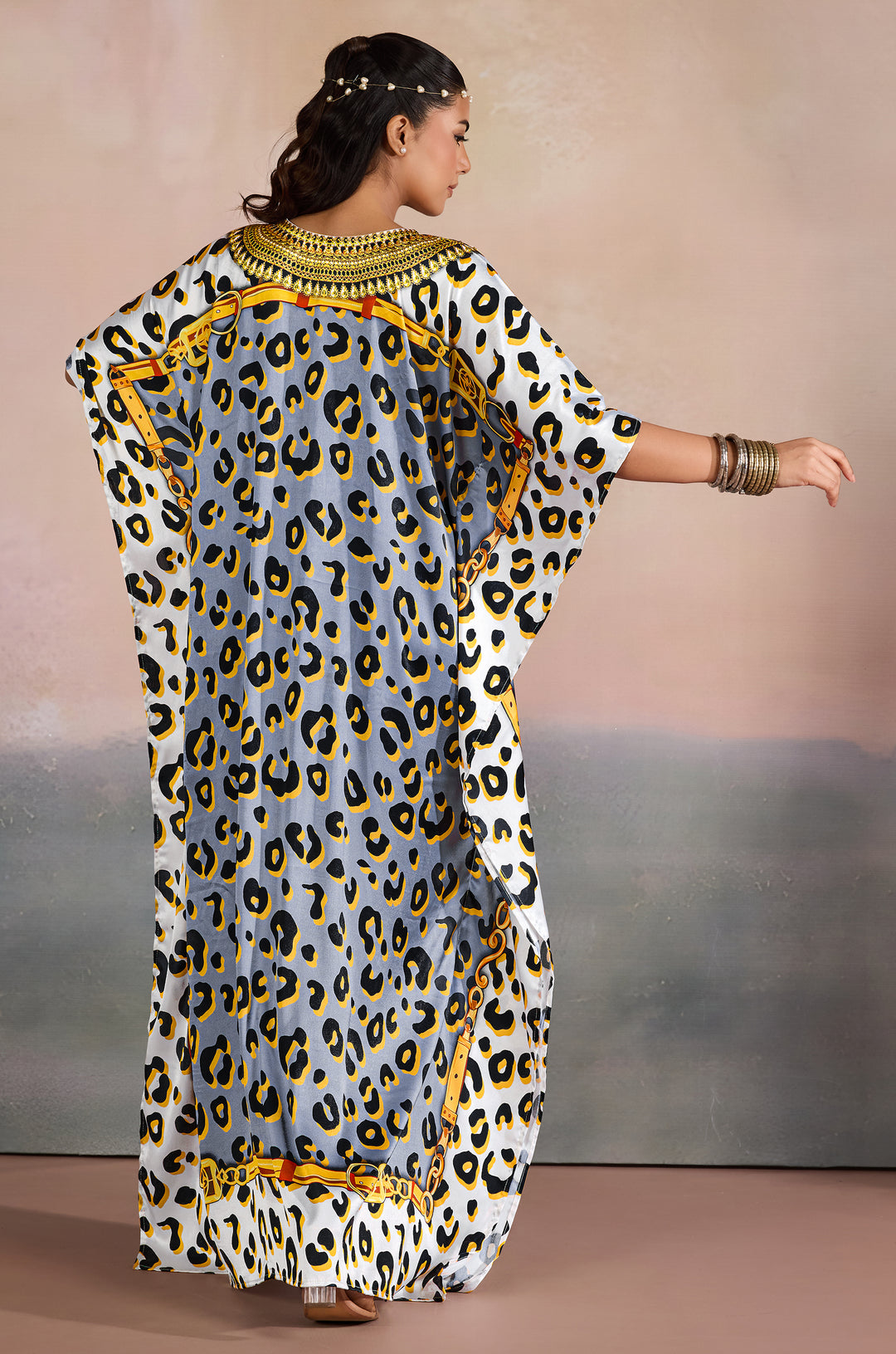 Grey Safari Chic Luxe Soft Satin Women Kaftan Dress with Rhinestone | Digital Print