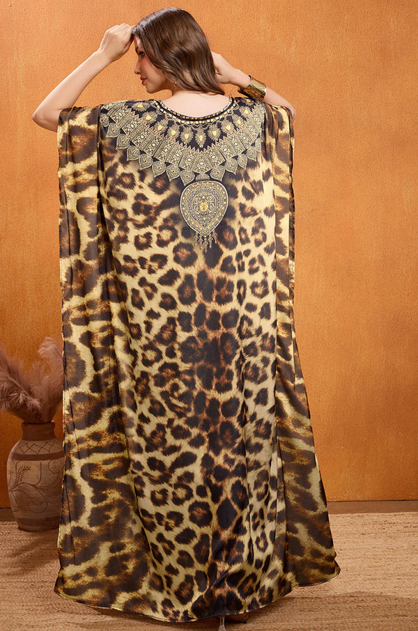 Leopard Couture Soft Satin Kaftan with Rhinestones