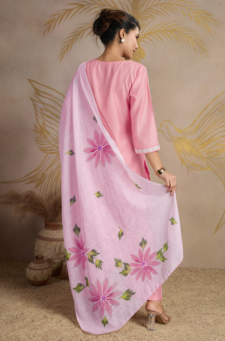 Lotus Pink Viscose Silk Women Suit Set with Linen Brush Print Dupatta