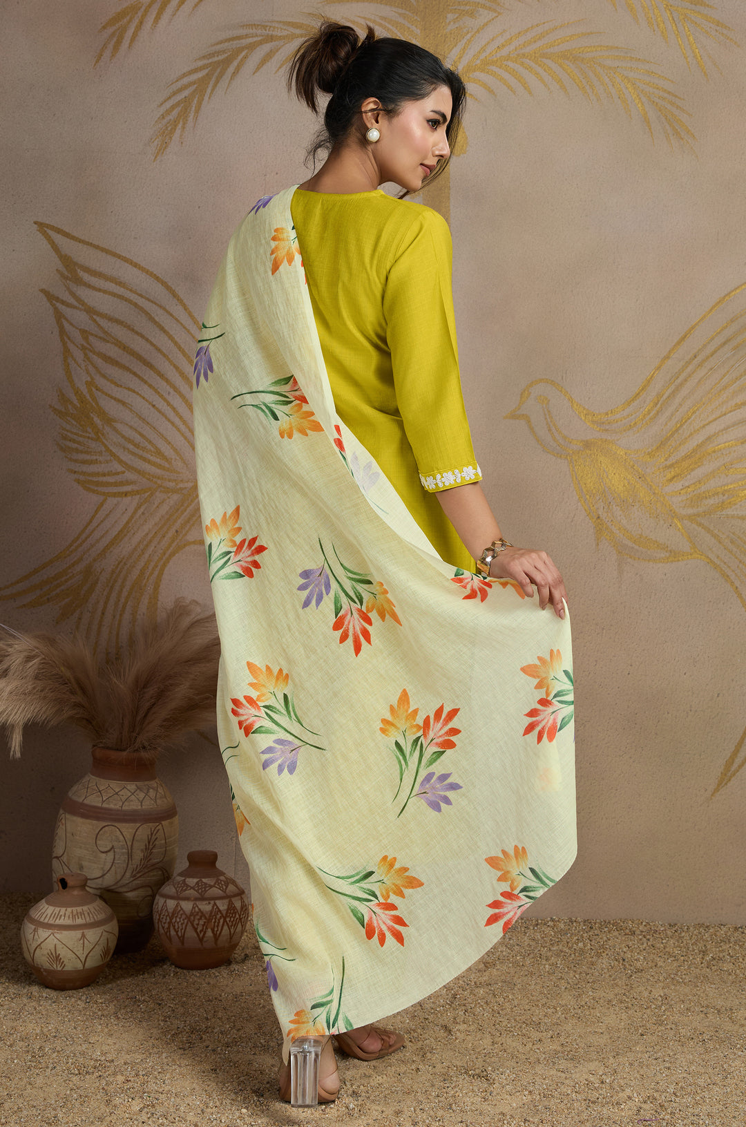 Honey Glaze Viscose Silk Women Suit Set with Linen Brush Print Dupatta