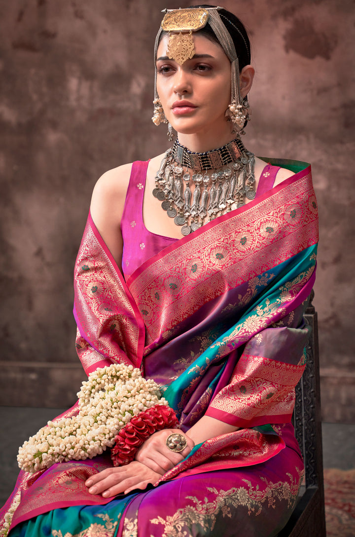 Magenta Chromatic Woven Silk Saree