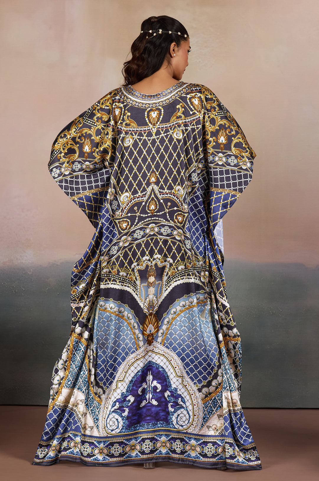 Deep Jewel Soft Satin Women Kaftan Dress with Rhinestone | Digital Print