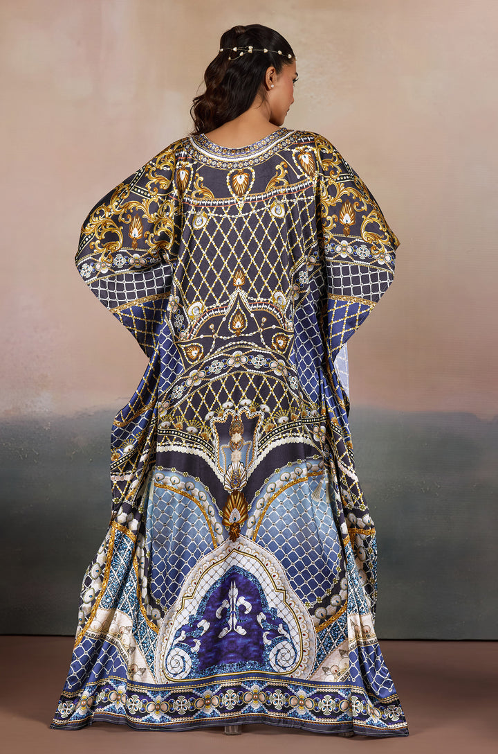 Deep Jewel Soft Satin Women Kaftan Dress with Rhinestone | Digital Print