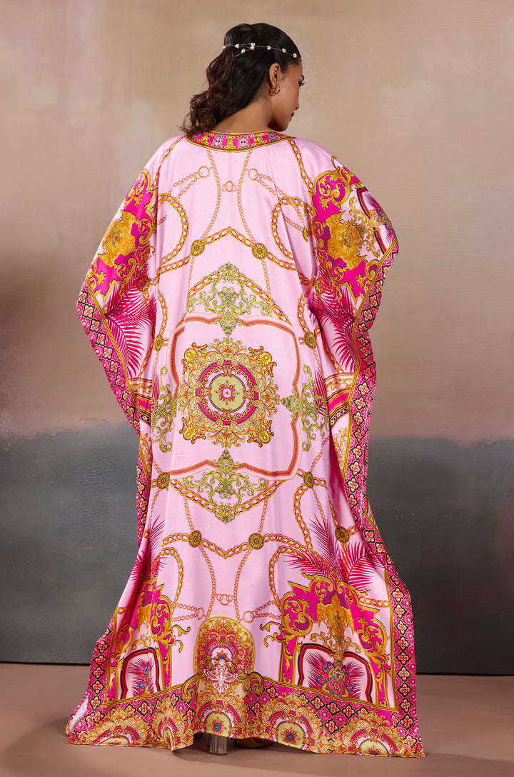 Pink Ornate Mandala Soft Satin Women Kaftan Dress with Rhinestones | Digital Print