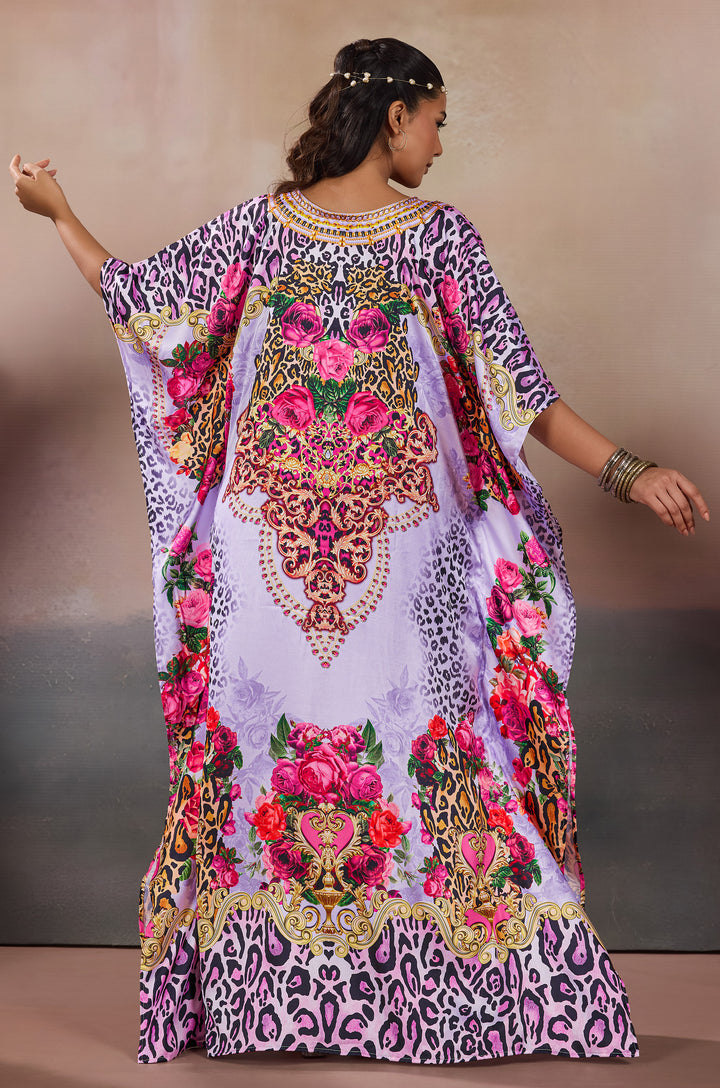 Rose Tapestry Soft Satin Women Kaftan Dress with Rhinestone | Digital Print