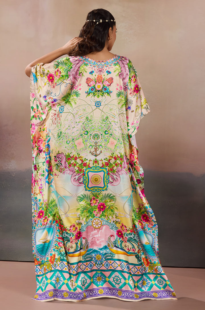 Vintage Inspired Soft Satin Women Kaftan Dress with Rhinestone | Digital Print