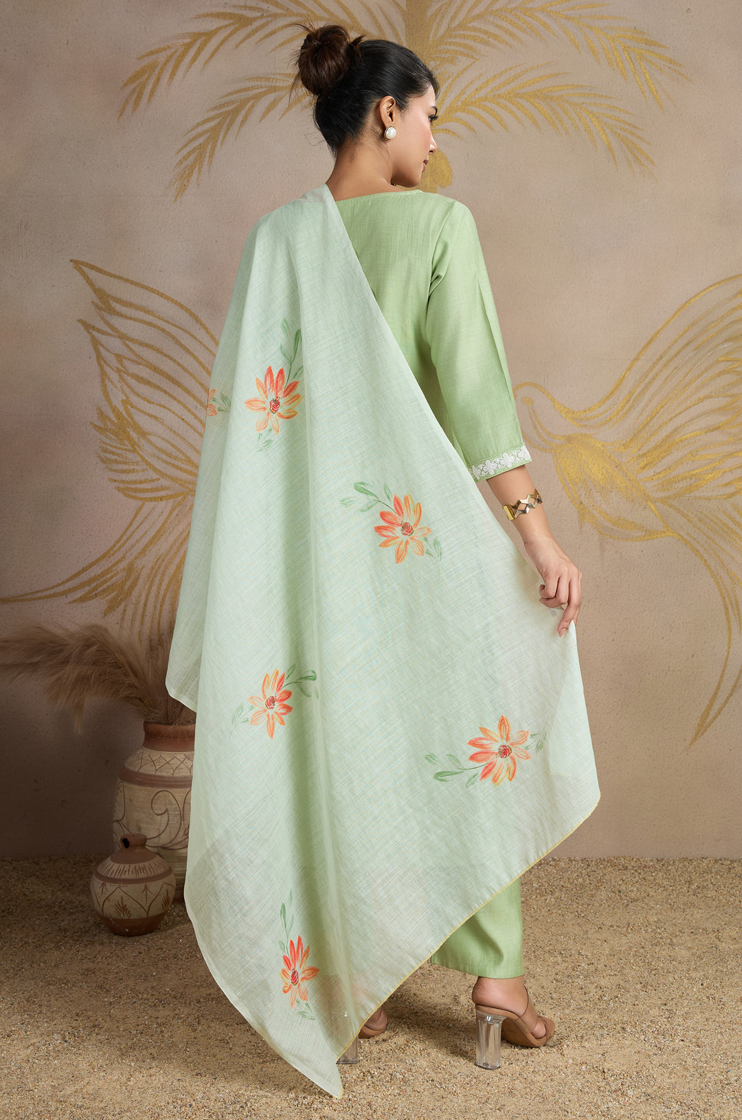 Serene Pastel Viscose Silk Women Suit Set with Linen Brush Print Dupatta
