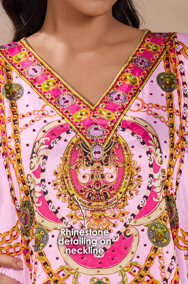 Pink Ornate Mandala Soft Satin Women Kaftan Dress with Rhinestones | Digital Print