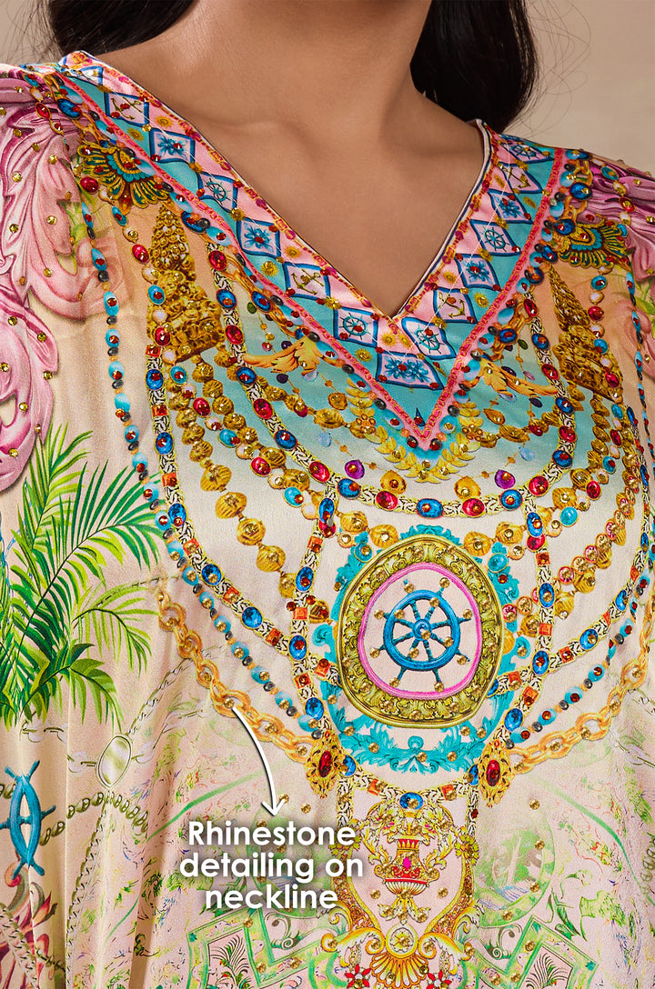 Vintage Inspired Soft Satin Women Kaftan Dress with Rhinestone | Digital Print
