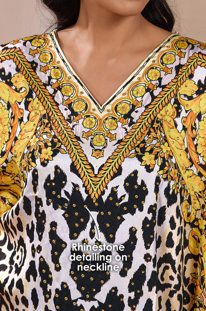 Golden Grace Soft Satin Women Kaftan Dress with Rhinestone | Digital Print