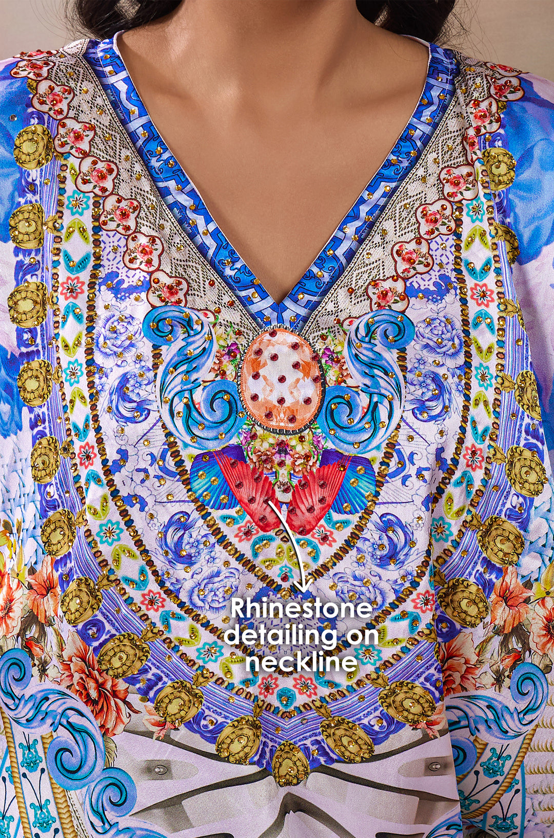 Mediterranean Fantasy Soft Satin Women Kaftan Dress with Rhinestone | Digital Print