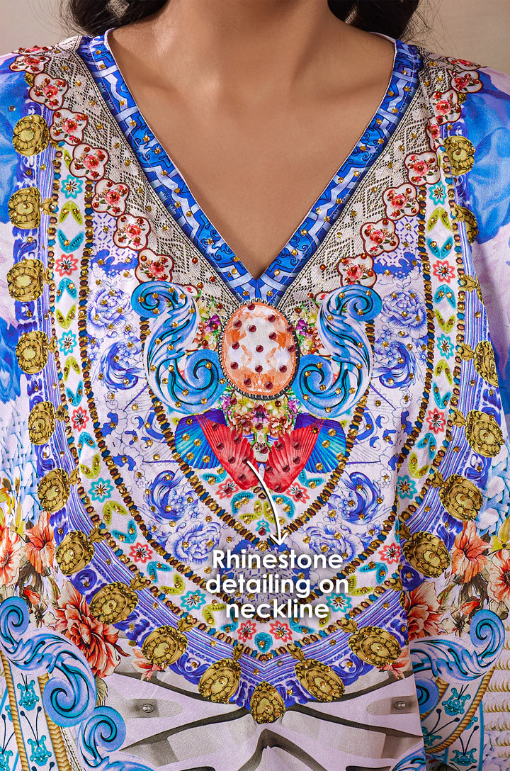 Mediterranean Fantasy Soft Satin Women Kaftan Dress with Rhinestone | Digital Print