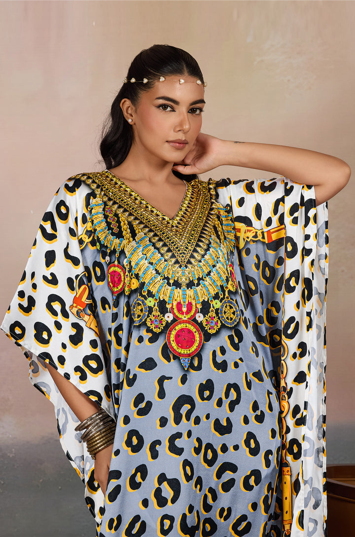 Grey Safari Chic Luxe Soft Satin Women Kaftan Dress with Rhinestone | Digital Print