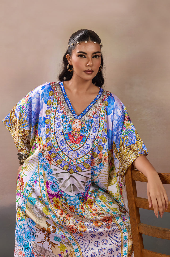 Mediterranean Fantasy Soft Satin Women Kaftan Dress with Rhinestone | Digital Print