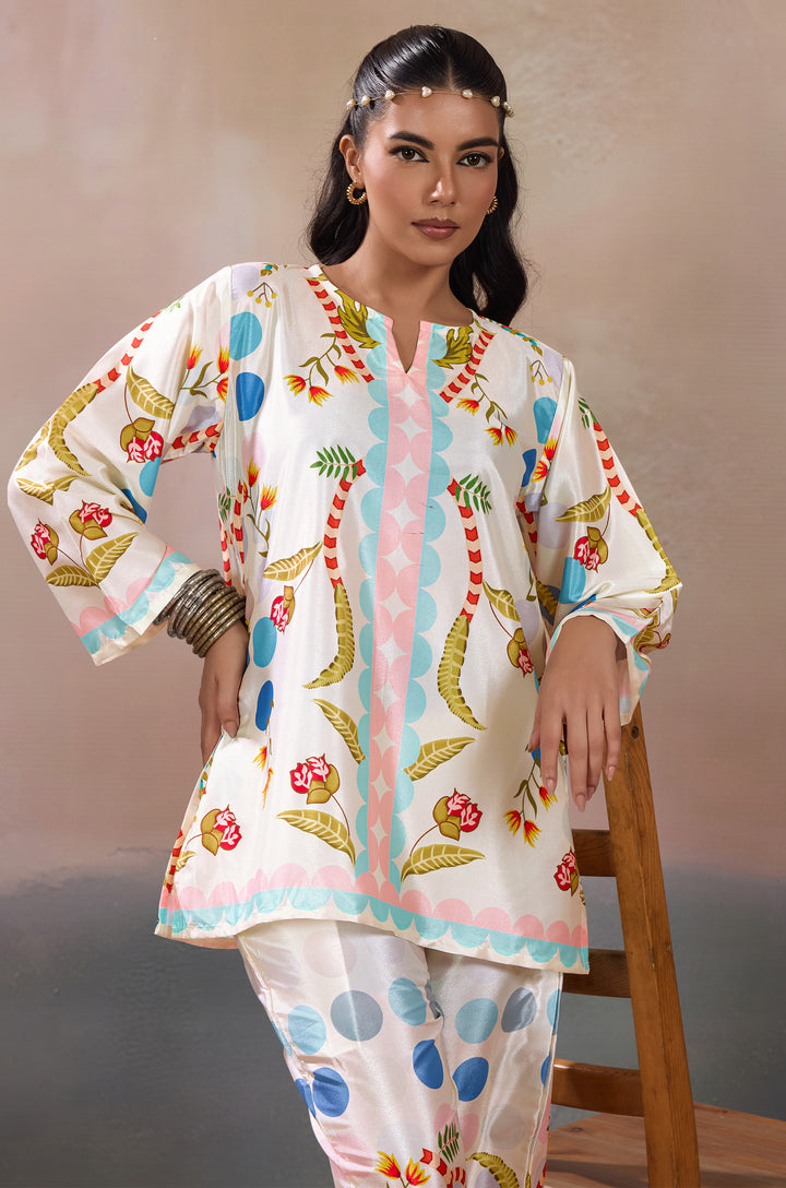 Pearl Dewdrop Silk Crepe Women Co-ord Set with Digital Print | Top and Bottom