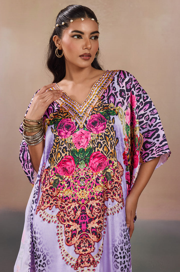 Rose Tapestry Soft Satin Women Kaftan Dress with Rhinestone | Digital Print