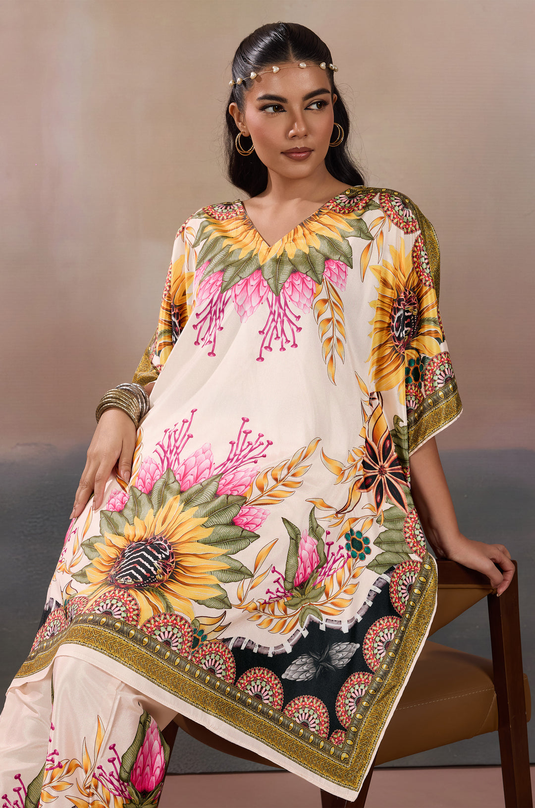 Sunlit Serenade Silk Crepe Women  Co-ord Set with Digital Print | Top and Bottom