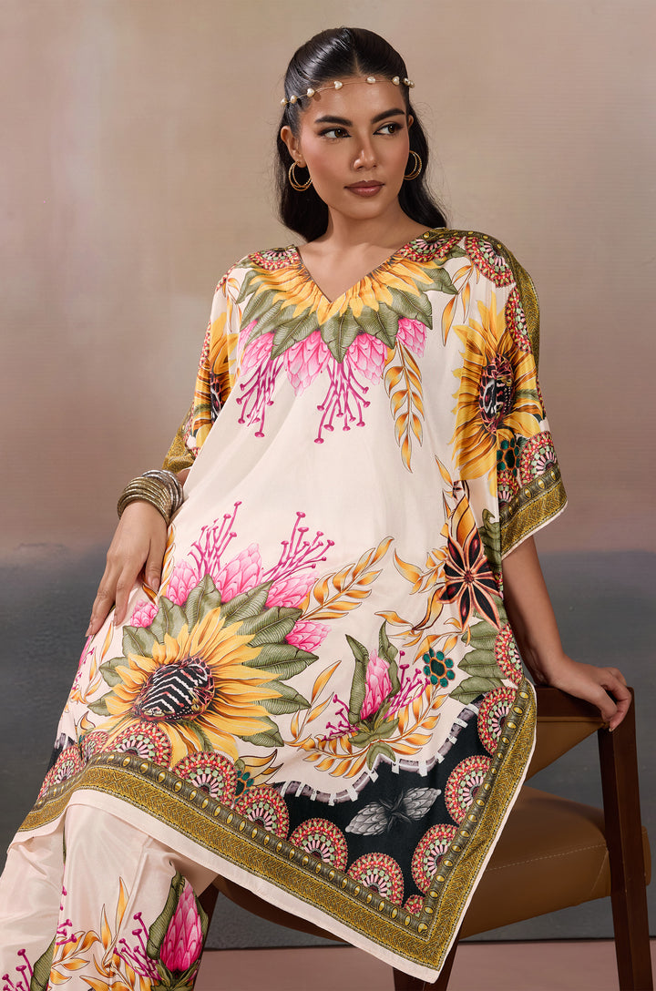 Sunlit Serenade Silk Crepe Women  Co-ord Set with Digital Print | Top and Bottom