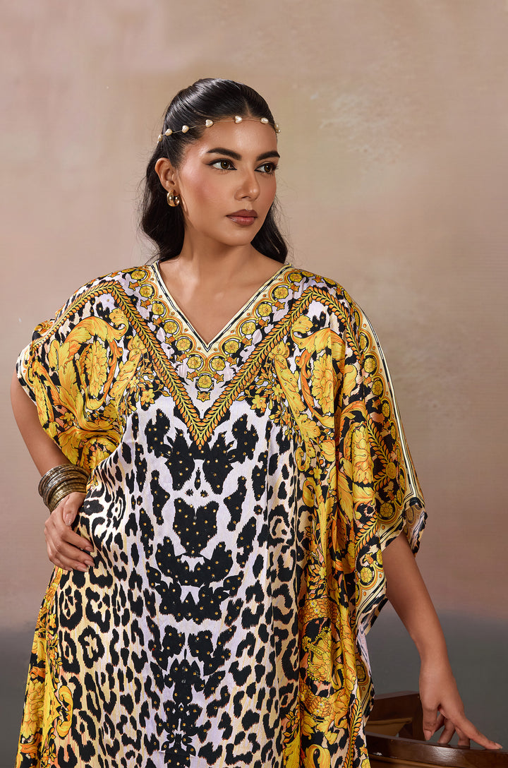 Golden Grace Soft Satin Women Kaftan Dress with Rhinestone | Digital Print