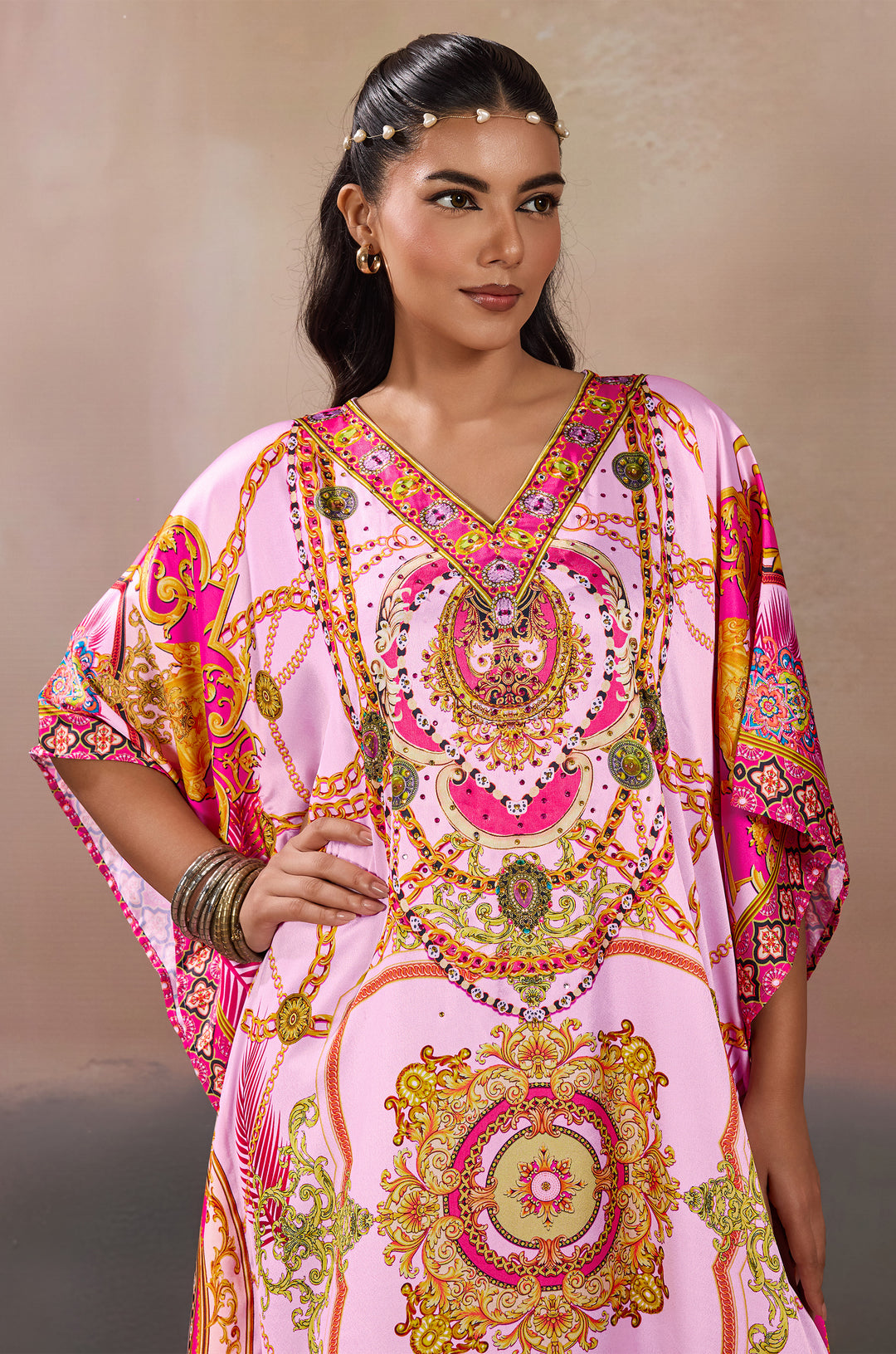 Pink Ornate Mandala Soft Satin Women Kaftan Dress with Rhinestones | Digital Print