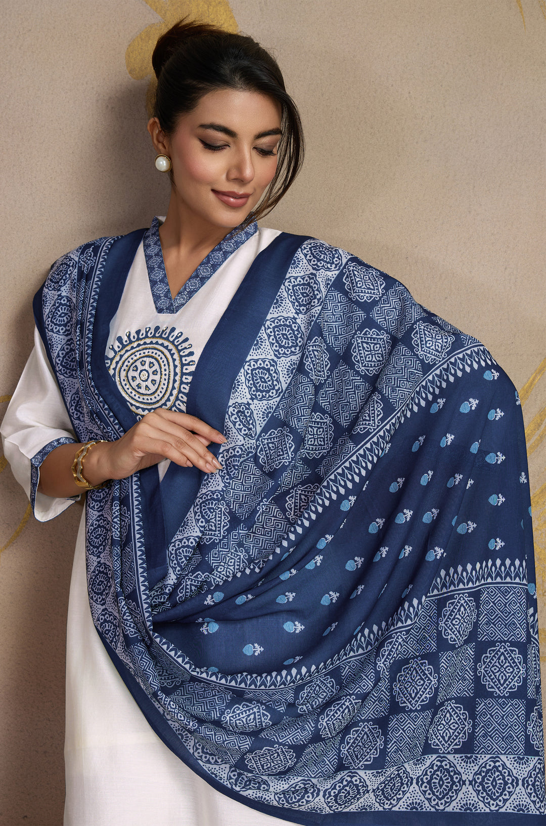 Arctic Blue Roman Silk Women Suit Set with Ajrakh Printed Dupatta
