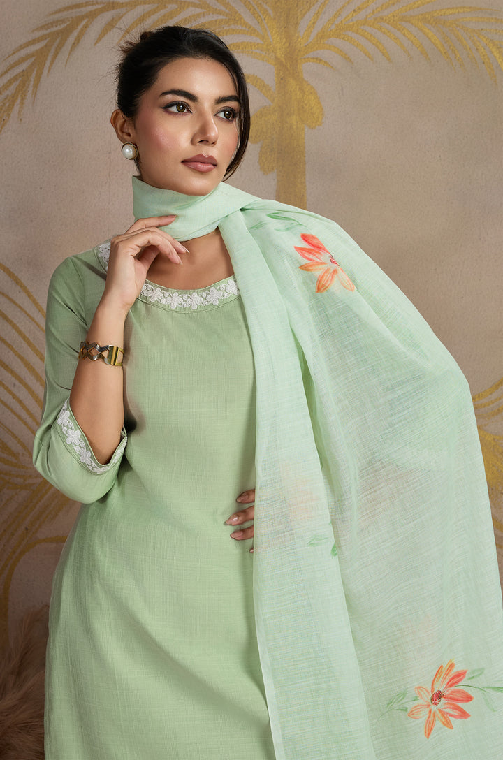 Serene Pastel Viscose Silk Women Suit Set with Linen Brush Print Dupatta