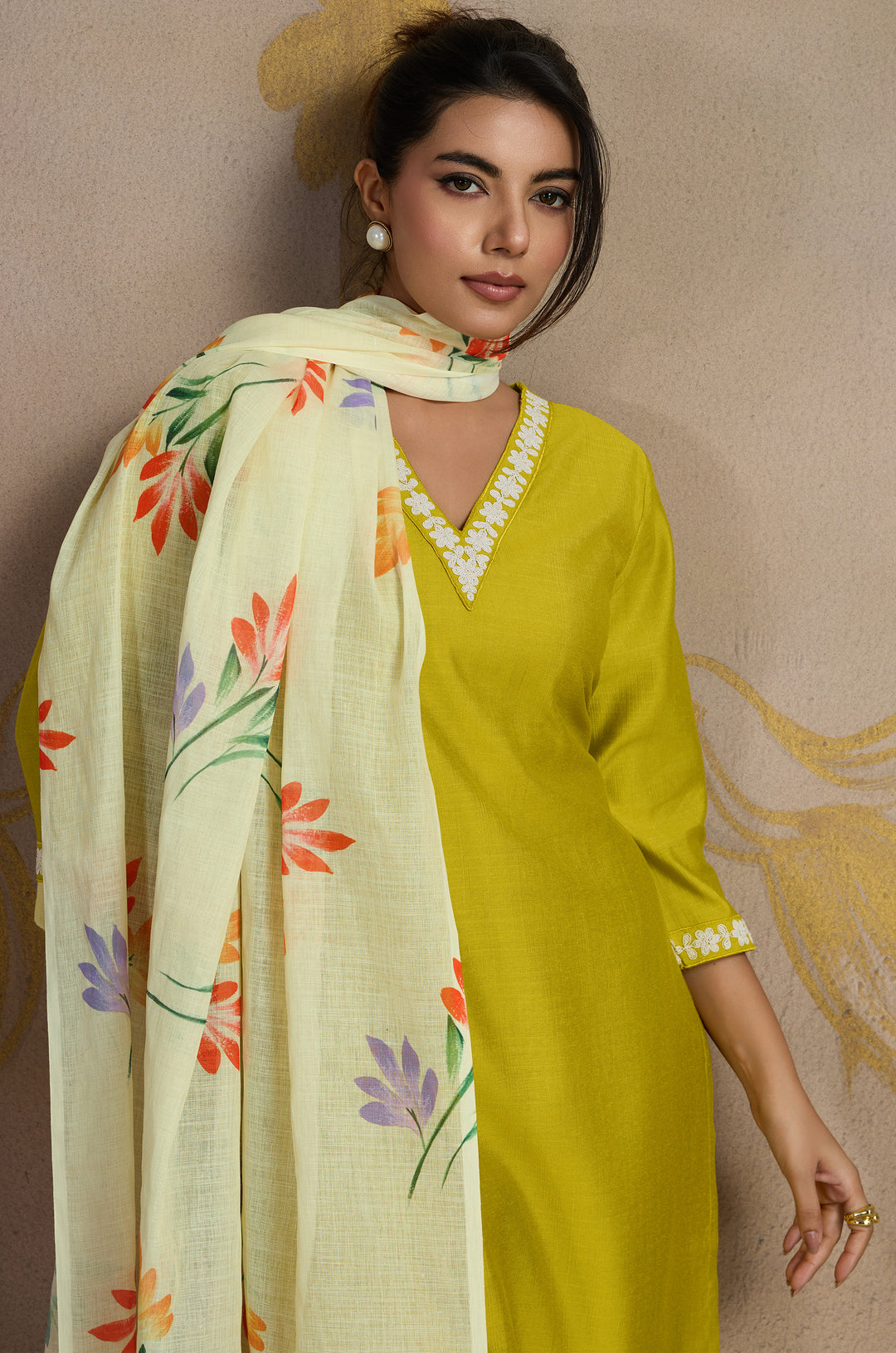 Honey Glaze Viscose Silk Women Suit Set with Linen Brush Print Dupatta