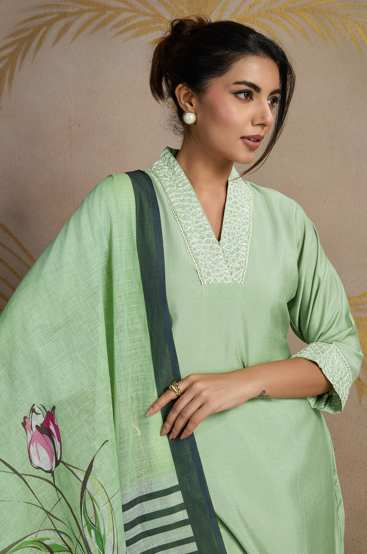 Mint Garden Roman Silk Women Suit Set with Linen Digital Print Dupatta
