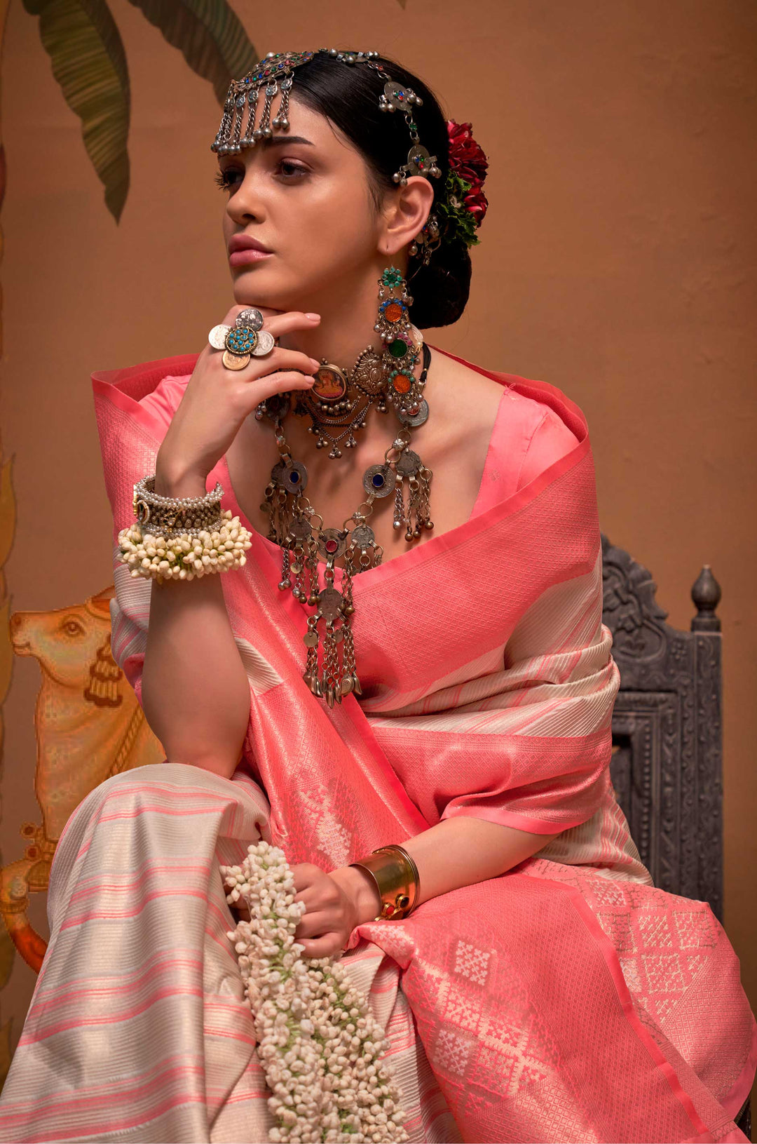 Peach Bare Essence Woven Silk Saree