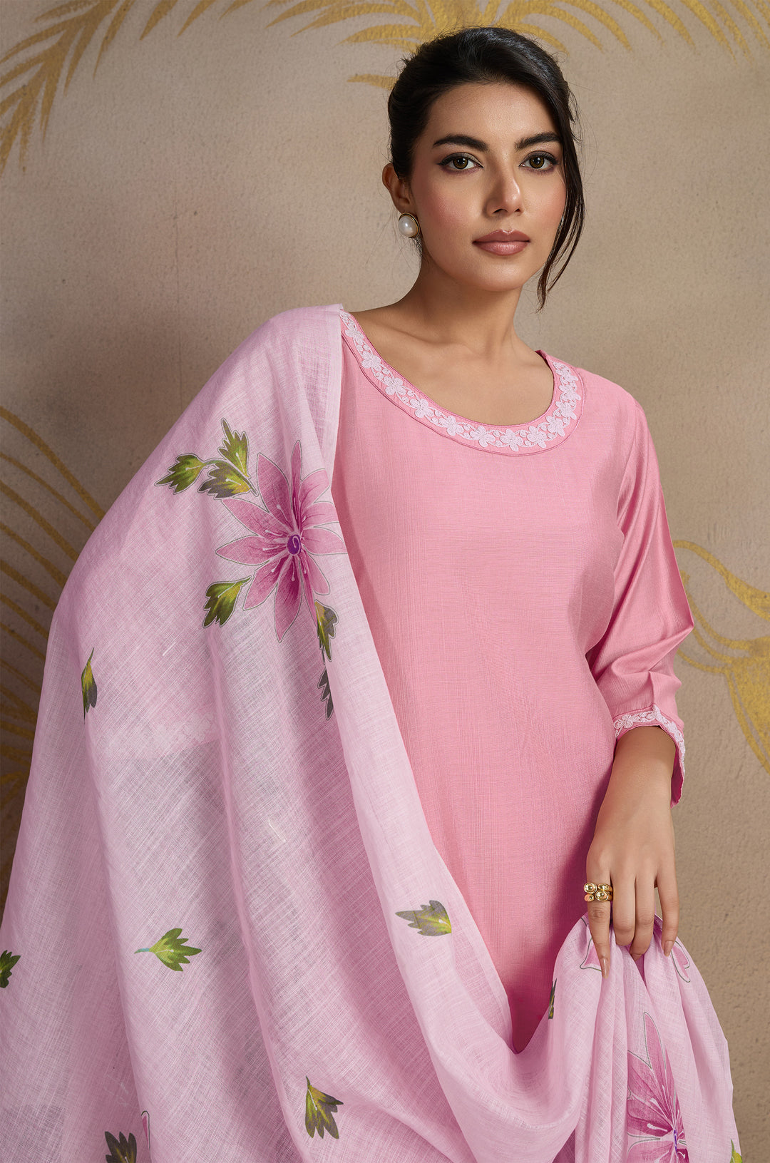 Lotus Pink Viscose Silk Women Suit Set with Linen Brush Print Dupatta
