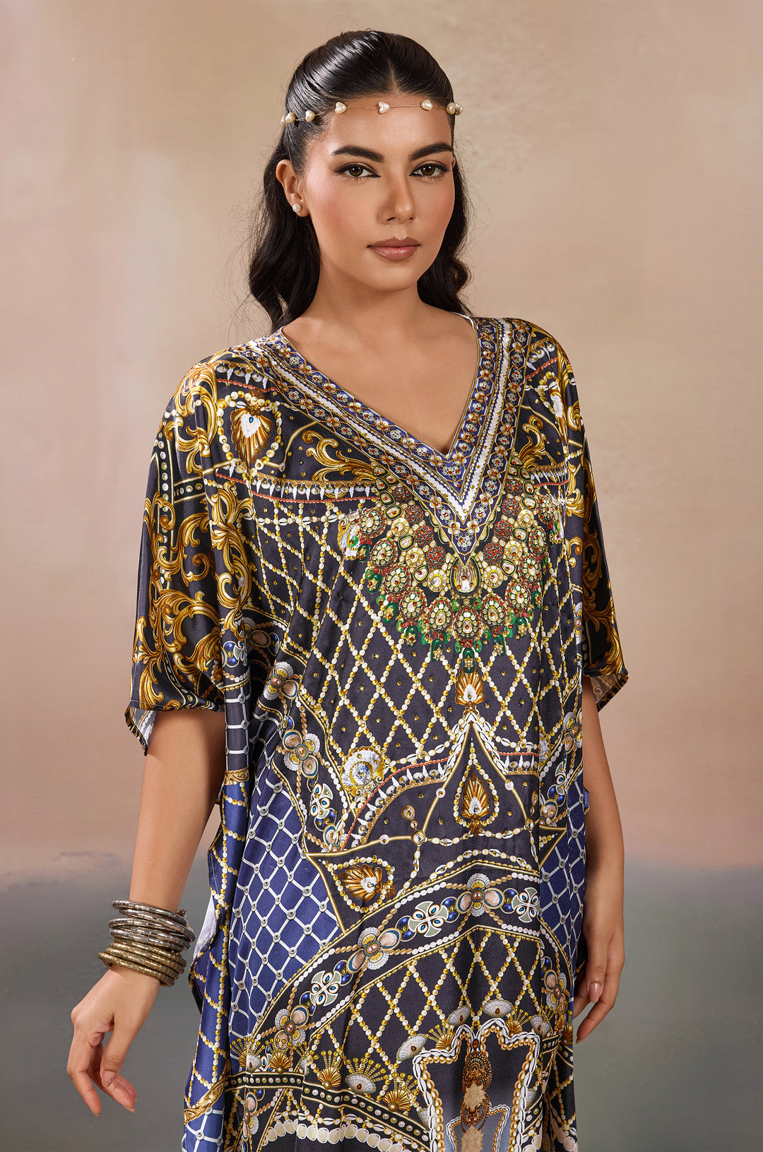 Deep Jewel Soft Satin Women Kaftan Dress with Rhinestone | Digital Print