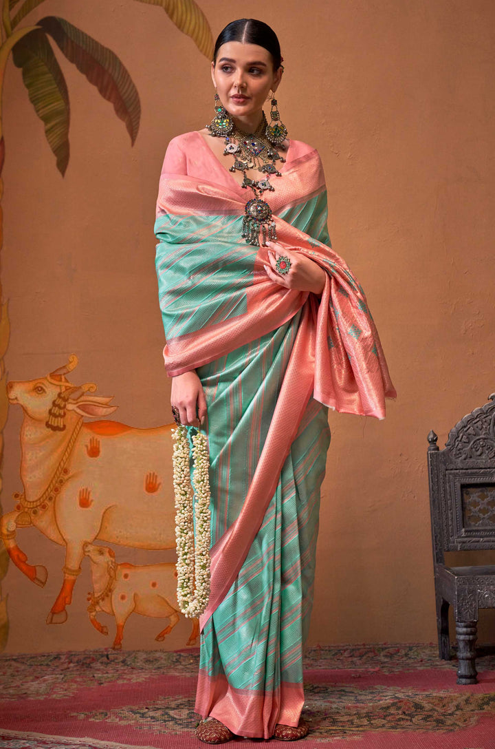 Sea Green Bare Essence Woven Silk Saree