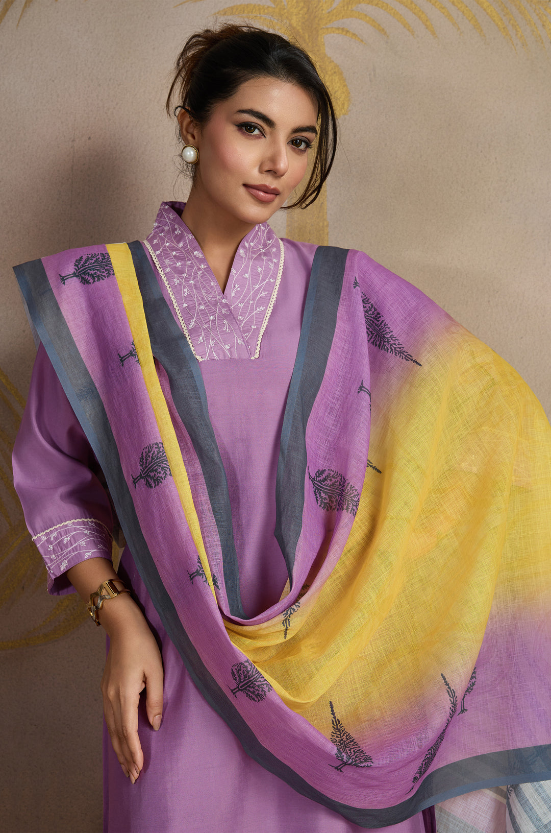 Lilac Dawn Roman Silk Women Suit Set with Linen Digital Print Dupatta