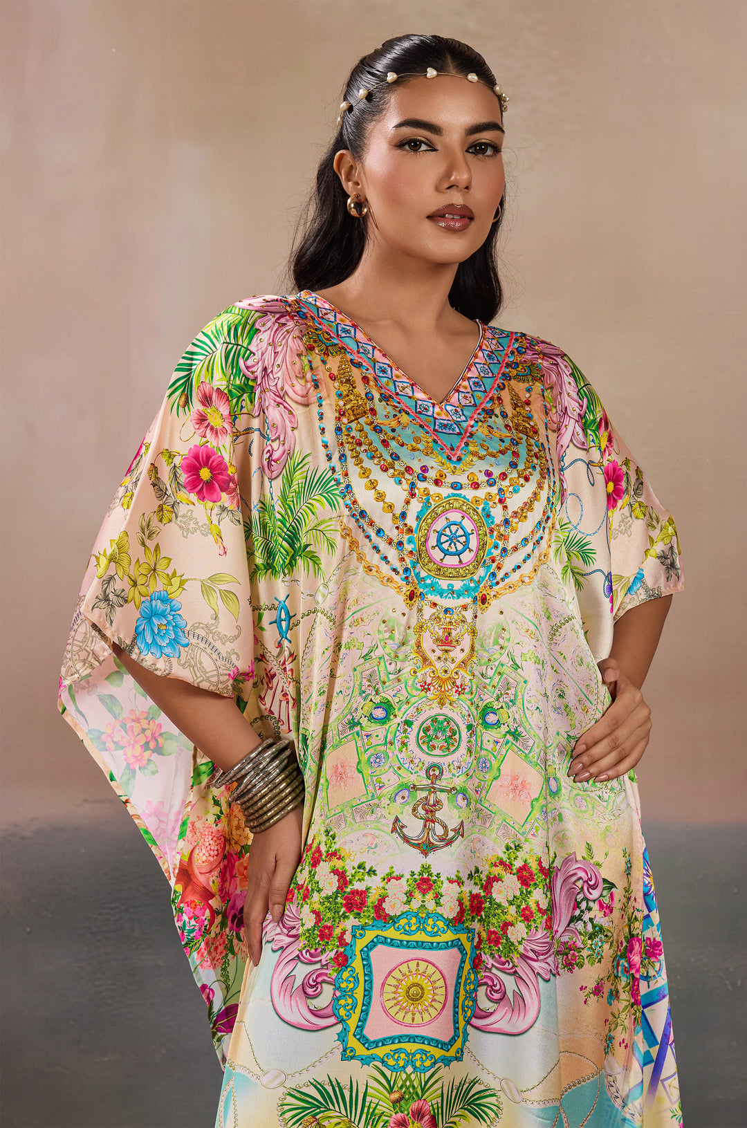 Vintage Inspired Soft Satin Women Kaftan Dress with Rhinestone | Digital Print