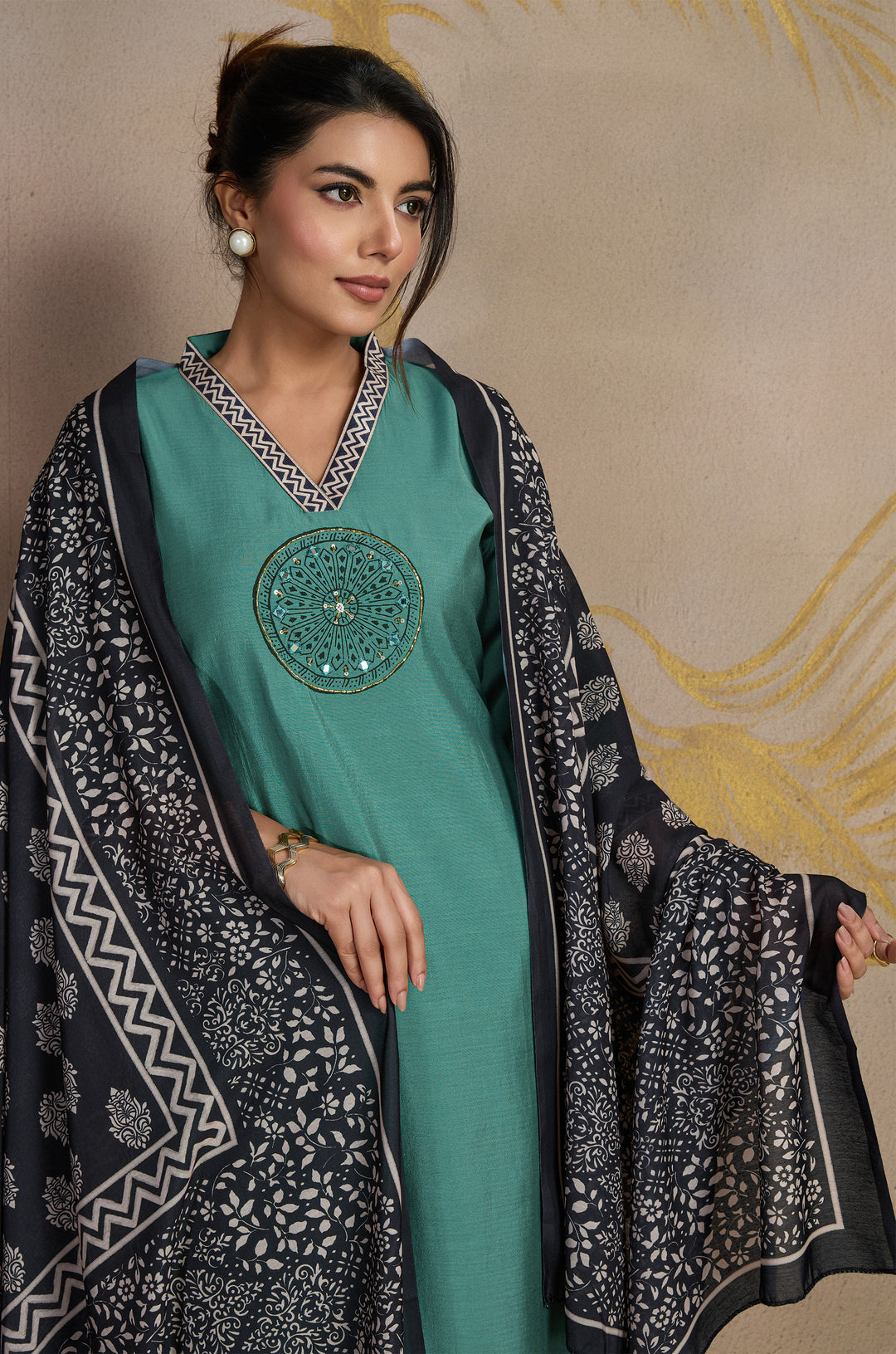 Classic Olive Roman Silk Women Suit Set with Ajrakh Printed Dupatta